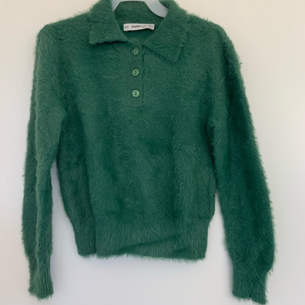 ZARA furry knit moss green crop polo sweater size S good condition